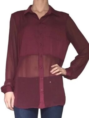 Free People Best of Both Worlds Sheer Button Down Blouse Top Burgundy S